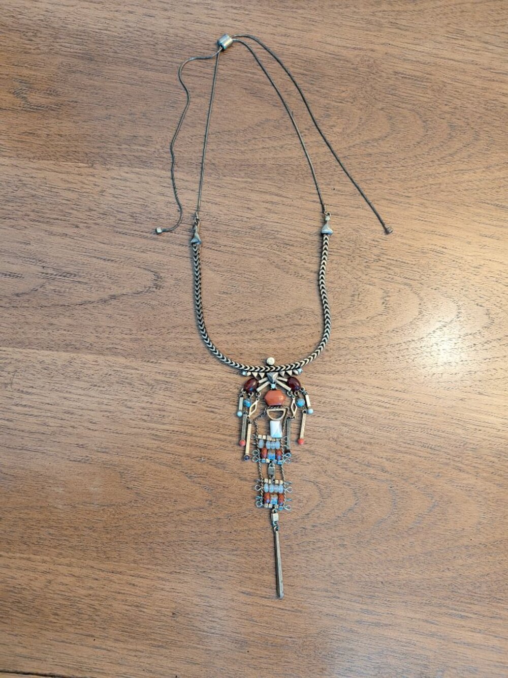 Artisan Tribal Bohemian Statement Necklace Carnelian Turquoise Brass Beaded